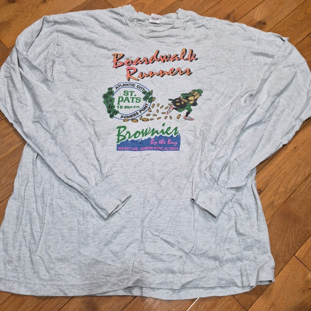 Vintage Fruit of the Loom Boardwalk Runners St Pats 10 Miler Grey LS T-Shirt XL